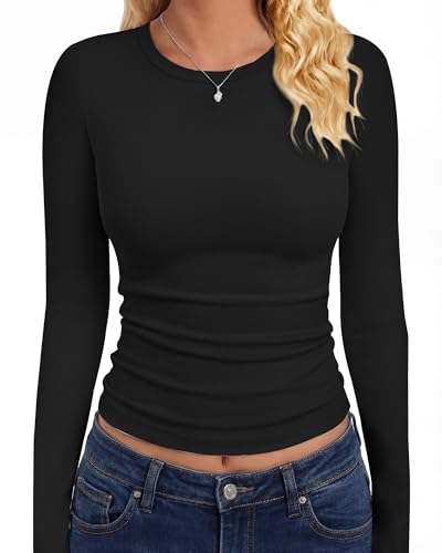 GAYHAY Black Long Sleeve Shirt for Woman Basic Crop Shirts Teens Crew Neck Cute Tight Y2K Clothes Going Out Workout Fall 2025