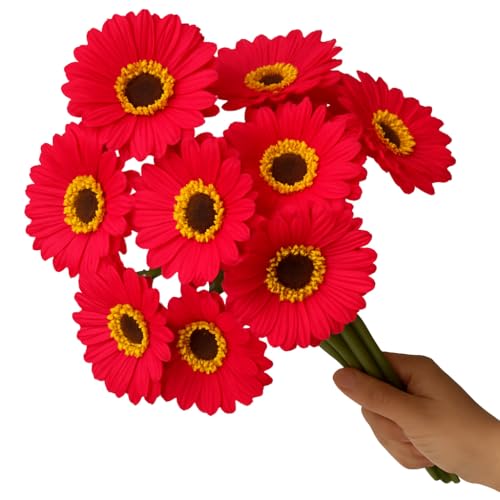 Image of Garden Art Artificial 5 Pcs Gerbera Flower Sticks, 33 cm, RealTouch Natural Looking | Silicone Decorative Bunch for Home GAAGFB-1H-33R (Red)