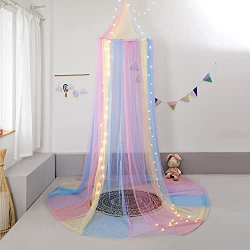 Rainbow Bed Canopy With Lights For Girls, Canopy For Girls Room Bed Netting For Twin Single Full Queen Size Bed,Reading Corners Room Decor For Girls #TOP3