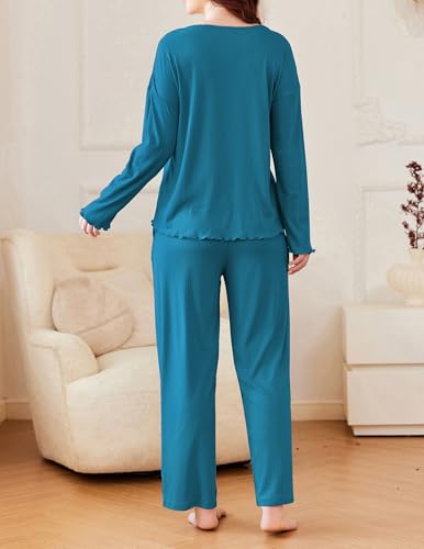Ekouaer Womens Ribbed Knit Pajamas Set V Neck Long Sleeve Pj Set 2 Piece Loungewear Casual Sleepwear