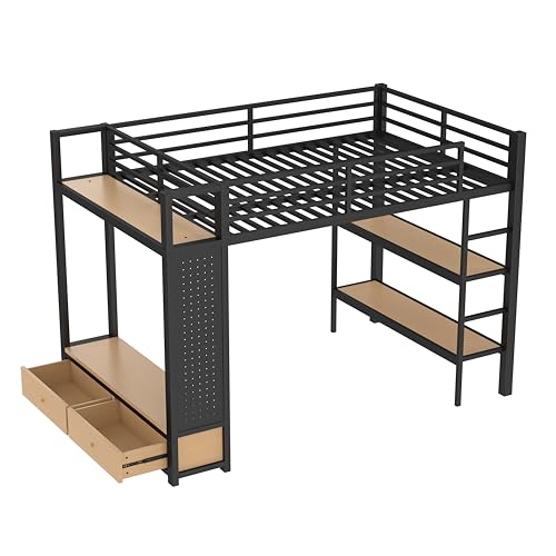 Image of Bellemave Full Size loft Bed with Wardrobe and Storage Shelves and Pegboard Drawers, Metal Full Loft Bed Frame for Adults, Kids, Teens, Black
