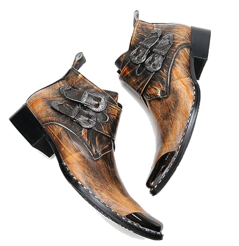 Santimon Mens Chelsea Boots Casual Dress Ankle Boots Handmade Genuine Leather Metal Square Toe Cowboy Boots Zipper Belt Buckle Prom Wedding Party Disco Singer Western Boots for Men4