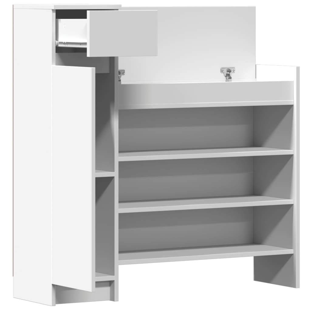 Biała szafka na buty, materiał drewnopochodny, 100,5 x 28 x 100 cm, z 1 szufladą, 2 drzwi, 4 półki, do korytarza, wejścia, sypialni, stylowa
