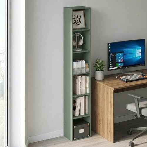 Image of Furinno LUDER Book Shelf, 6-Tier Tall Modern Bookshelf, Bookcase with Open Shelves, 9.3 x 12 x 71, for Living Room, Bedroom, Home Office, Sage Green