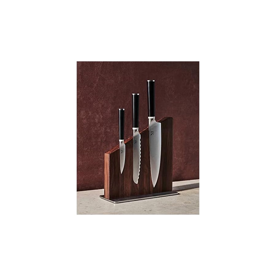 Material - Magnetic Knife Block Set - Kitchen Knife Set - Knife Block, 8" Chef Knife, 6" Serrated Bread Knife, 4" Paring Knife, Walnut/Almost Black