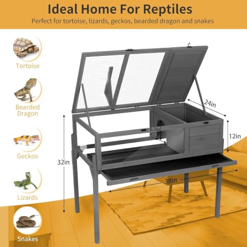 Image of GEGURI Tortoise Habitat Indoor & Outdoor, Wooden Tortoise House with Detachable Legs, Reptile Cage for Small Animals