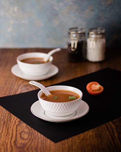 Image of E-Ezra Indian Tableware Ceramic Bone China White Soup Bowls Cup with Spoons & Saucer /Deep Maggi Cup Microwave Safe (Embossed White)