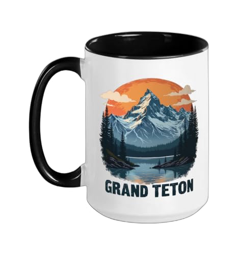 Grand Teton Mountain Wilderness Sunset View Ceramic Mug, Black/White, 15oz