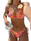 GORGLITTER Bikini Damen Set Triangel Bikini Bikinioberteil Drop Waist Bikinihose mit Knoten Zweiteiler Sommer Strandmode mit Tropical Muster Orange S