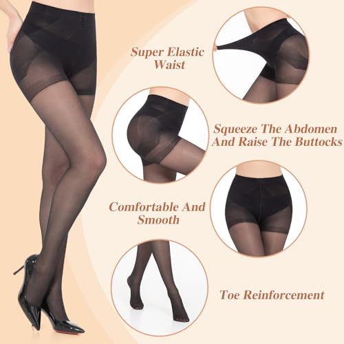 Image of MANZI 2 Pairs Women's Sheer Tights 40D High Waist Control Top Pantyhose Thigh High Stockings with Reinforced Toes