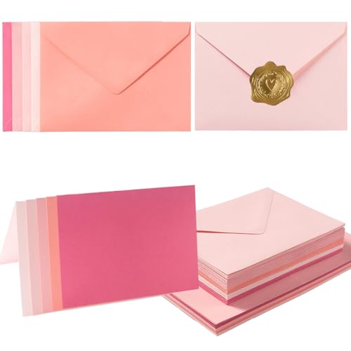 50 Pack Pink A7 Envelopes with Blank Cards Set, Envelopes 5 Colors with 5x7 Cardstock and Gold Stickers for Wedding Invitations ﻿ (Pink, 5x7)