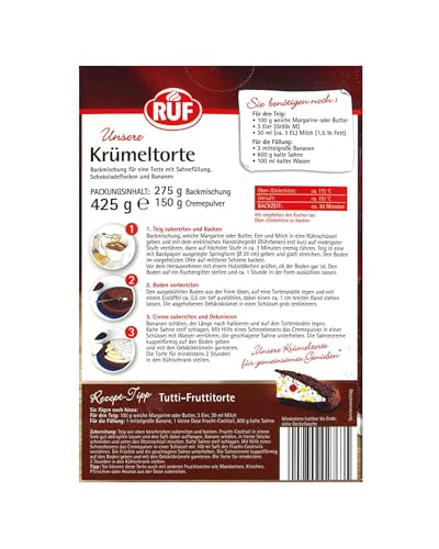 RUF Krümeltorte, Torten-Backmischung für einen schokoladigen Maulwurfkuchen mit Sahnefüllung, Schokoladenflocken und Bananen