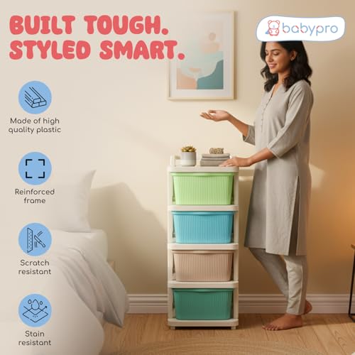 Image of BabyPro 4 Layer Plastic Drawer Organiser with Wheels, Storage Cabinet | For Modular Storage, Durable, Portable, Multi-Purpose Chest of Drawer