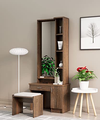 Image of Bniture Dressing Table for Bedroom with 1 Drawer, Mirror and Huge Storage Space with Stool | Long Dresser Vanity Table with Mirror(40D x 68W x 175H CM, Flower Wenge)