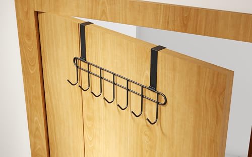 Image of Over the Door Hook Hanger Rack | Heavy Duty Multi Alloy Steel | No Drill 7 Hook Organizer | Space Saving Door Hanger for Bedroom, Bathroom, Kitchen & Home Storage - Black (Pack of 2)