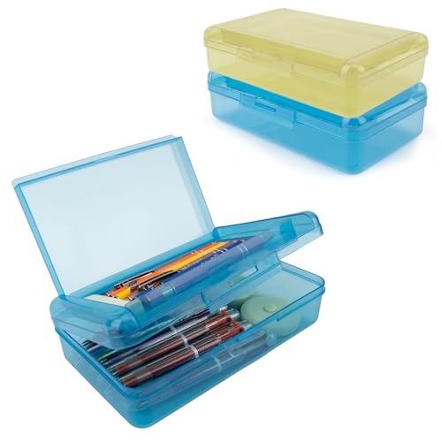 Image of Pencil Case Box, 2 PCS Navy Blue Yellow Double Layer Large Capacity Plastic Pencil Boxs, Clear Hard Pen Case with Snap-tight Lid,Storage Art Craft Box Marker Organizer for Boys Offices School Supplies