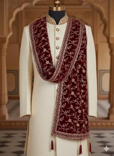 Image of Elegant Men's Wedding Sherwani Dupatta, Gold Velvet Floral Print, Traditional Indian Ethnic Wear with Tassels, Free Size