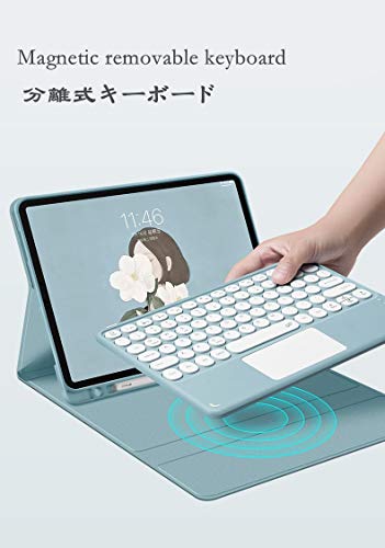 タッチパッド付き iPad 9 iPad 10.2 キーボード ケース 第7世代 第8世代 iPad 第9世代 キーボードカバー 分離式 Bluetooth キーボード 丸いキー カラフル ペンホルダー マウス機能 手帳型 ワイヤレス 薄型 ビジネス (深緑)