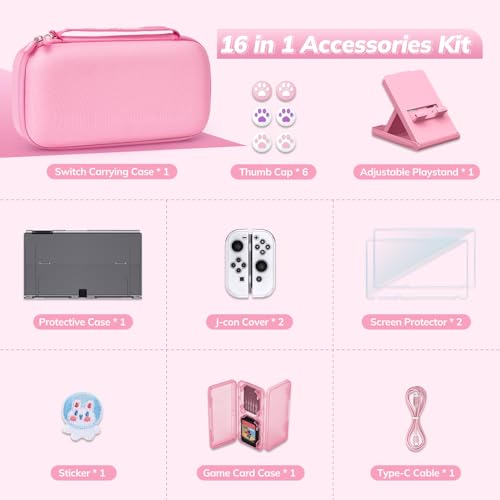Image of Younik Switch OLED Accessories Bundle, 16 in 1 Accessories Kit Includes Switch OLED Carrying Case, Protective Case Cover for Console & J-Con, Screen Protector, Adjustable Stand, Switch Game Case