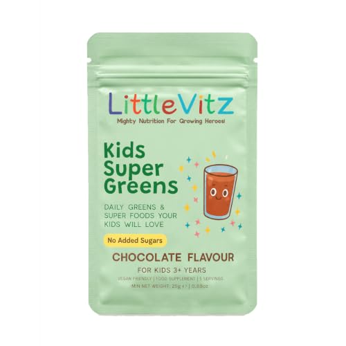 Image of LittleVitz Kids Super Greens Powder Trial Pouch – Chocolate Flavour Daily Greens Drink for Kids with Fruits, Vegetables, Vitamins, Minerals - Kids multivitamin – Vegan, No Added Sugar – 5 Servings