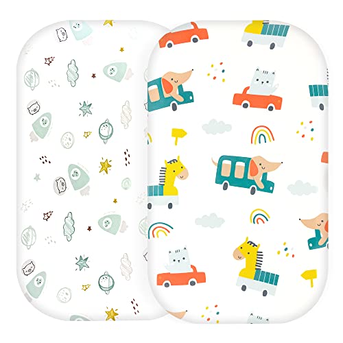 Image of AMKE TC843/TC838 Bassinet Fitted Sheet - 2 Pack - 100% Cotton Nursery Bedding, Rectangle and Oval Baby Bassinet Fitted Sheets - Fits AMKE Sleeper Crib Mattress (Travel)
