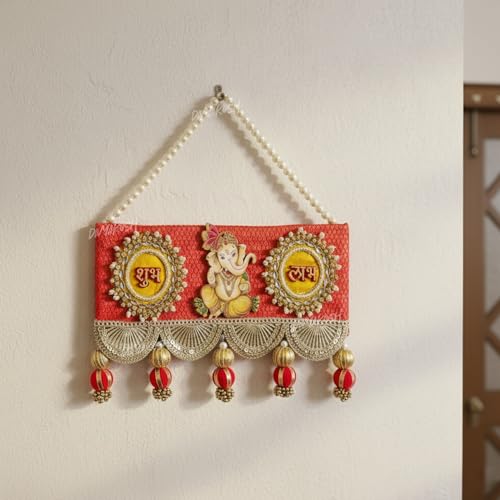 Image of Divyakosh Traditional Ganesh Shubh Labh Door Hanging with Pearl String, Red and Gold Design, Decorative Tassels, 30 x 18 cm