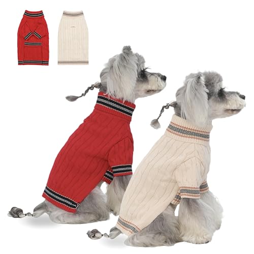 Image of 2Pack Small /Medium Dog Sweater, Warm Dog Winter Coat w /Sleeves, Comfortable High Neck & Leash Hole, Premium Dog Clothes for Schnauzer-Best for Holidays, Daily Walks M Bright Red & White