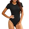 LAOLASI Women's Crew Neck Neck short sleeves Slim Fit Casual Basic Bodysuit Daily Jumpsuit T Shirts, Black, Medium