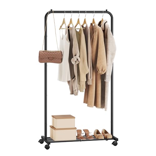 SONGMICS Perchero con Ruedas, Perchero de 74 cm, Burro para Ropa, con Estante de Almacenamiento de Malla Densa, Capacidad de Carga de 35 kg, 2 Frenos, Estructura de Acero, Negro HSR130B01