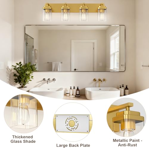 Image of Brushed Gold Bathroom Light Fixtures, 4 Lights Bathroom Lighting Fixtures Over Mirror, Square Design & Rectangle Large Backplate, Modern Vanity Lighting Fixtures, for Living Room /Bedroom
