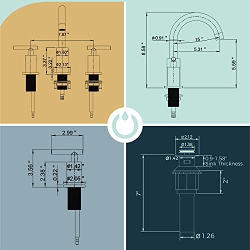 Forious Brushed Nickel Bathroom Faucet 3 Pieces With Metal Drain Assembly, 8 Inch Widespread Bathroom Faucet With High Arc 360 Degree Swivel Spout, 2 Handle Bathroom Sink Faucet 3 Hole #TOP7