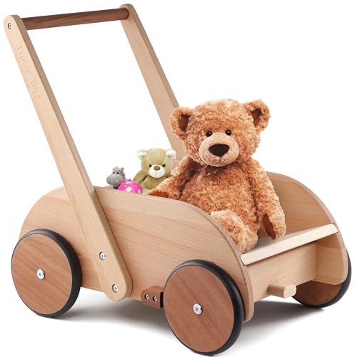 Image of 2-in-1 Wooden Baby Walker with Sit-to-Stand Learning | with Adjustable Seat & Speed | Baby Walker Push Toy in Natural Wood for Babies 6-12 Months up to 3 Years for Infants and Toddlers