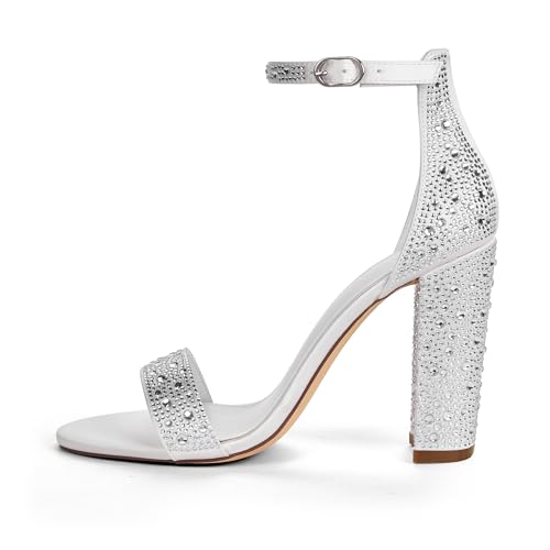 Image of GENSHUO Women's 4-inch Chunky High Heel Sandals with Ankle Strap,Party Wedding Bridal Shoes