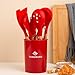 Silicone Cooking Utensils Set, Premium Beech Wood Handle Kitchen Gadgets Utensil Set, Non-Stick Kitchen Utensils Spatula, Tongs, Turner, Whisk, Brush, Spoon, BPA FREE, 446°F Resistant (Red)
