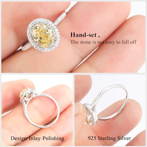2.35CTTW Yellow Moissanite Halo Ring Oval Cut Moissanite Engagement Rings for Women, 925 Sterling Silver 18K White Gold plated VVS1 Lab Created Diamond Wedding Ring Luxury Gift for Her Size 53