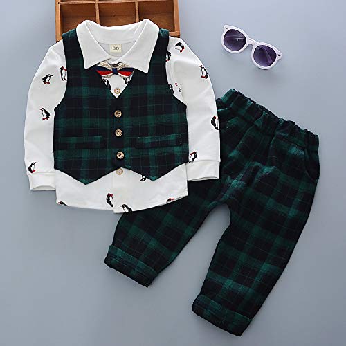 Image of Bold N Elegant Cute Cartoon Printed Full Sleeve Shirt with Plaid Waistcoat Bowtie and Pant 3 pc Clothing Set for Toddler Boys