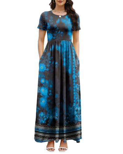 Image of COSSEN Women's Crew Neck Short Sleeve Maxi Dress with Pockets Casual Loose Swing for Wedding Guest Beach Vacation