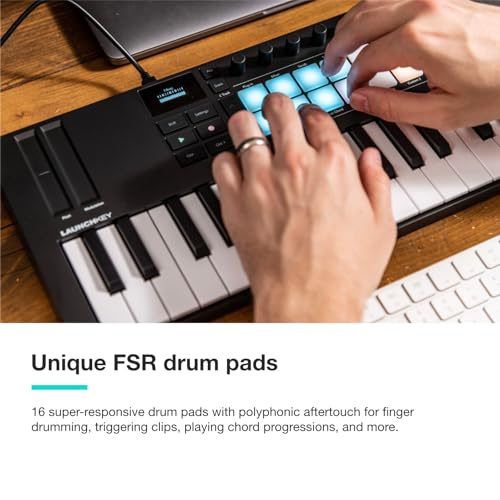 Image of Novation Launchkey Mini 37 MK4 - Portable 37 Mini-Key, USB, MIDI Keyboard Controller with DAW Integration. Chord Mode, Scale Mode, Drum Pads, and Arpeggiator. Includes Music Creation Software Bundle | 37 Synth-Style Mini Keys, 16 Rgb Velocity-Sensitive Pads with Polyphonic Aftertouch, 8 Endless Rotary Encoders, Sustain Jack