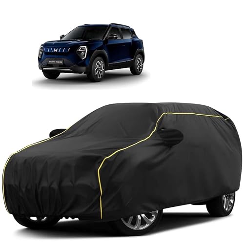 Image of Sulfar 100% Water Resistant Car Body Cover Compatible with Mirror for Mahindra XUV 3XO EV (Triple Stitched, Full Bottom Elastic, Black Tafetta with Yellow Piping)
