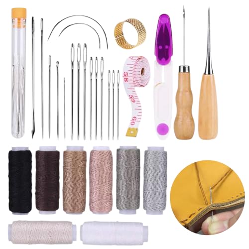 Kit de costura de cuero de 30 piezas, kit de reparación de cuero, herramientas manuales de cuero con agujas de coser de cuero, hilo de algodón, punzón de punzón, cinta métrica tijeras para reparación