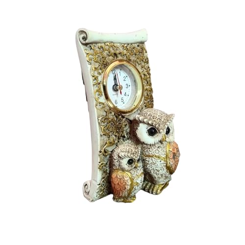Image of Decorative Owl Figurine Table Clock, Resin, Quartz, Antique Gold Finish, Home Decor