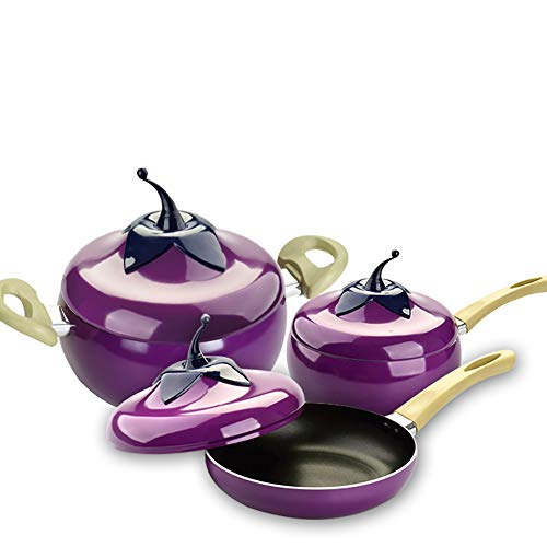 H&RB Fruit Eggplant Frying Pan,Colour Saucepan Ceramic Pan Grill Pan Cast Aluminum Cookware Gas Grill Pan,Purple,Setof6