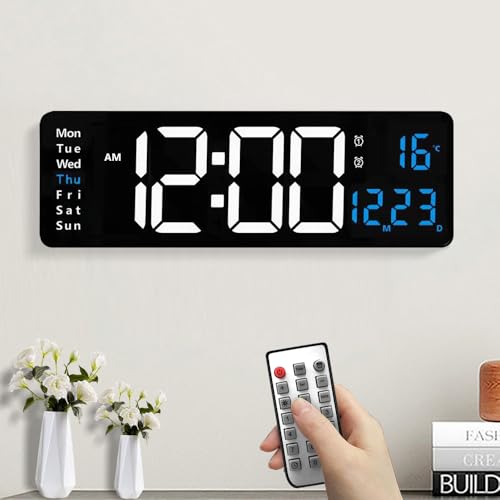 Jonuin 16" Large Digital Wall Clock, LED Digital Wall Clock with Remote Control, Date Week Temperature Display, 10-Level Dimmer, Dual Alarms, Wall Clock for Living Room Office Kitchen Gym (Blue)