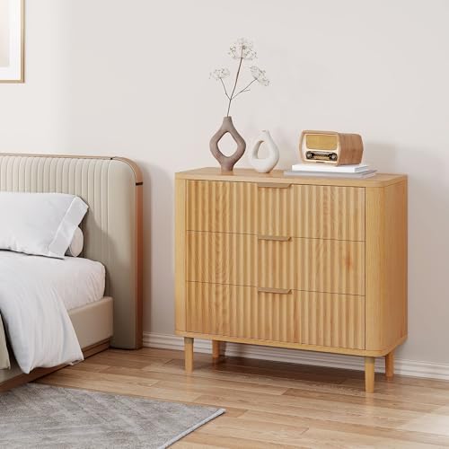 DWVO 3 Fluted Drawer Dresser Set of 2, 32.5 inch Tall and Wider Modern Dressers Chest of Drawers with Solid Wood Leg, Wood Storage Dresser Nightstand Organizer for Living Rooms,Hallways,Natural Oka