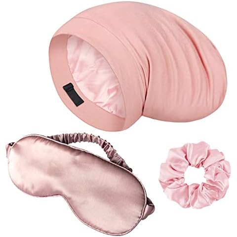 LULUSILK Silk Sleep Mask and Silk Sleep Cap Set, Pink Silk Eye Mask and Silk Bonnet Scrunchie Set Cover