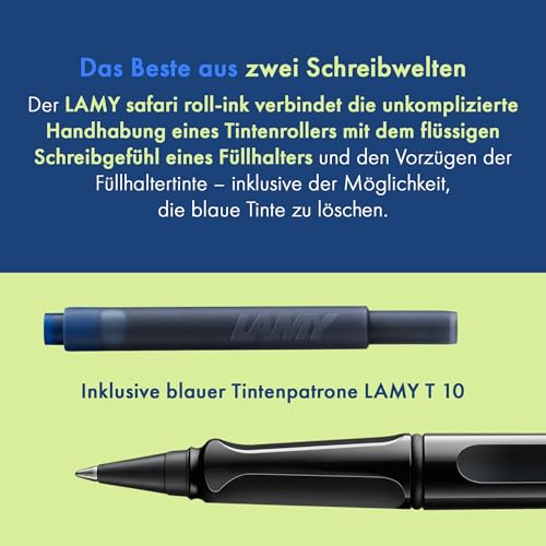 Lamy safari roll-ink black Tintenpatronenroller – zeitlos klassischer Stift mit ergonomischem Griff & Strichbreite M - Gehäuse aus robustem ASA-Kunststoff – inkl. Tintenpatrone T10 blau