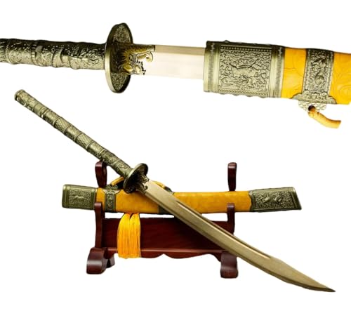 LOONGSWORD Kangxi Dao Sword 40.75 | Hand-Forged Gold-Tint High Manganese Steel Blade | Yellow Faux-Leather Wood Scabbard | Qing Dynasty Style | Martial Arts & Display Sword