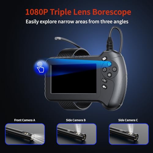 Triple Lens Borescope NIDAGE 5'' IPS Endoscope Camera with Light, Split Screen 1080P HD Flexible Snake Inspection Camera with Carrying Case, 32G Card, 16.5FT IP67 Plumbing Drain Sewer Engine Scope Cam - Thumbnail 2