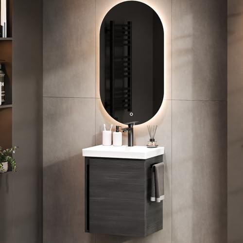 Planetmöbel Waschtisch mit Unterschrank 50 cm inkl. Badspiegel mit Beleuchtung oval, Badmöbel Set mit Waschbecken, hängend, anthrazit