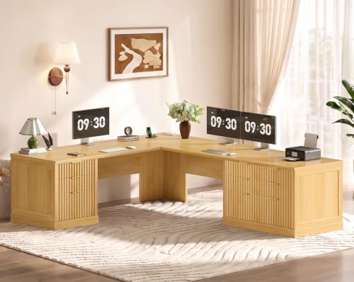 Image of SEDETA Fluted 78.8 inch L Shaped Desk with 6 Drawers, Fluted Oak | Home Office Desk with Power Outlet, File Cabinet Storage, Wood Corner Computer Desk for Work and Study